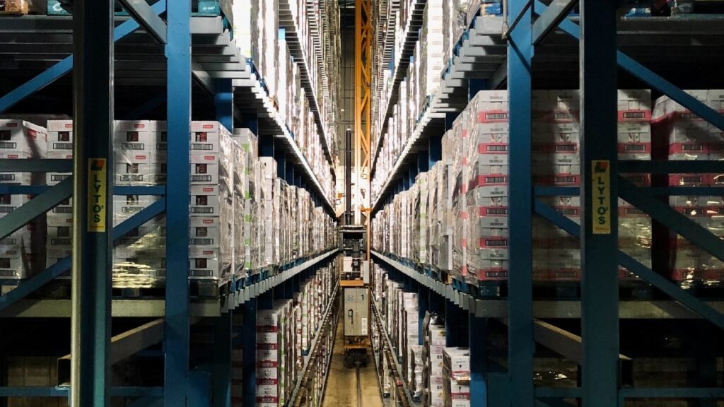 stocked shelves in a warehouse